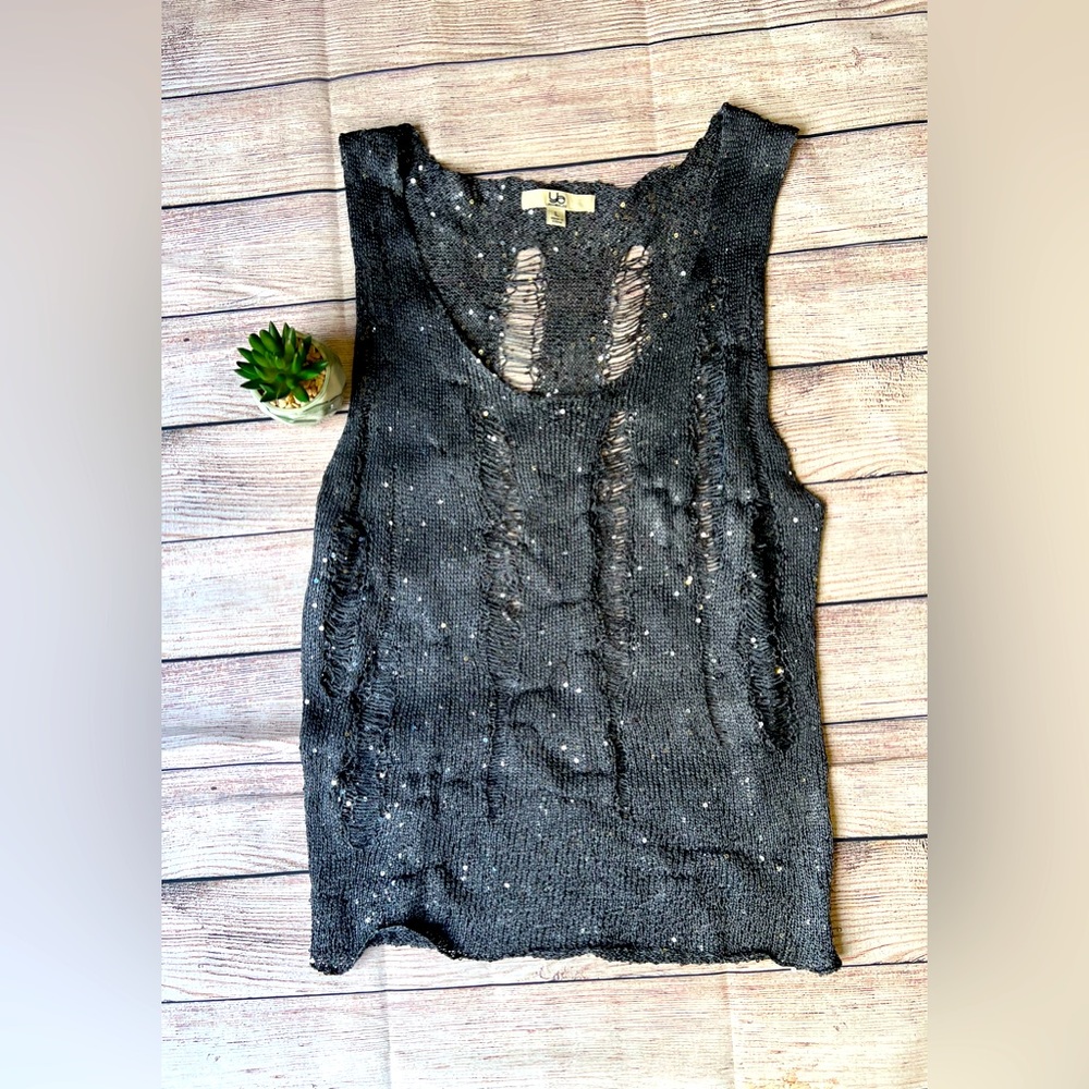 YA LA grey L distressed sparkly tank top
